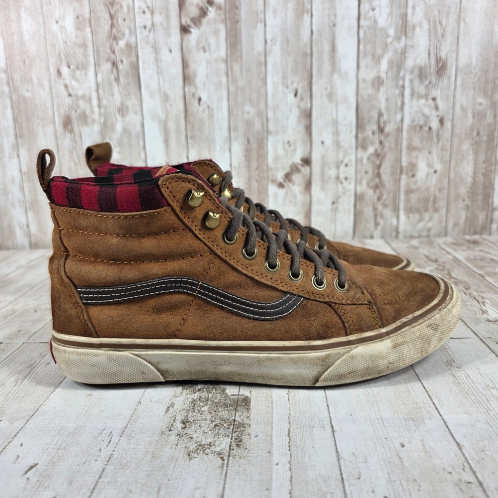 Vans Sk8-Hi MTE Mens 9.5 Brown Suede High‎ Top Flannel Lined Plaid Sneakers